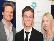 Colin Firth with his former drama teacher Penny Edwards and current Barton Peveril College drama student Mike Parker