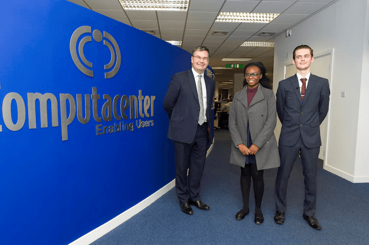 MP Iain Stewart with Takeover Day winner Folu Ogunyeye and Computacenter apprentice Adam Robinson