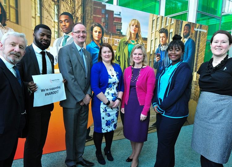 Jonathan Allen, Barclays apprentice; Chris Achiampong, IBM apprentice; Mike Thompson, Head of Apprenticeships at Barclays; Lucy Wilkins, Somerset County Council apprentice; Secretary of State Justine Greening; Natalie Ojevah, Barclays apprentice; and Sue Husband, National Apprenticeship Service at the NAW 2017 launch event at Barclays HQ, Canary Wharf, London.