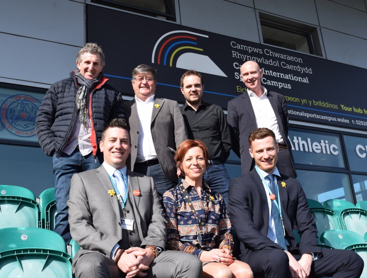Standing (l-r): Jonathan Davies OBE, Huw Llewelyn Davies, Owain Llyr, Ian Gywn Hughes. Seated (l-r): CAVC Head of Sport James Young; CAVC Lecturer and Welsh Curriculum Co-ordinator Nicola Buttle, CAVC Deputy Head of Sport Darren Robinson