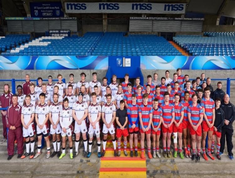 Conestoga High School Rugby Club team (left) and the CAVC Rugby Academy Team at Cardiff Arms Park