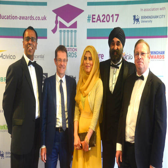 The Pathway team at the Education Awards with the Mayor of the West Midlands; from left Mohammed Ali, Andy Street, Mayor of the West Midlands, Hira Tabasum, Ninder Johal and Eddie Cottis.