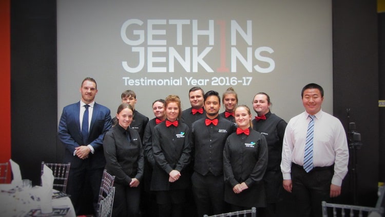 the CAVC Hospitality and Catering students with Gethin Jenkins at his Testimonial Dinner hosted by the College’s City Centre Campus