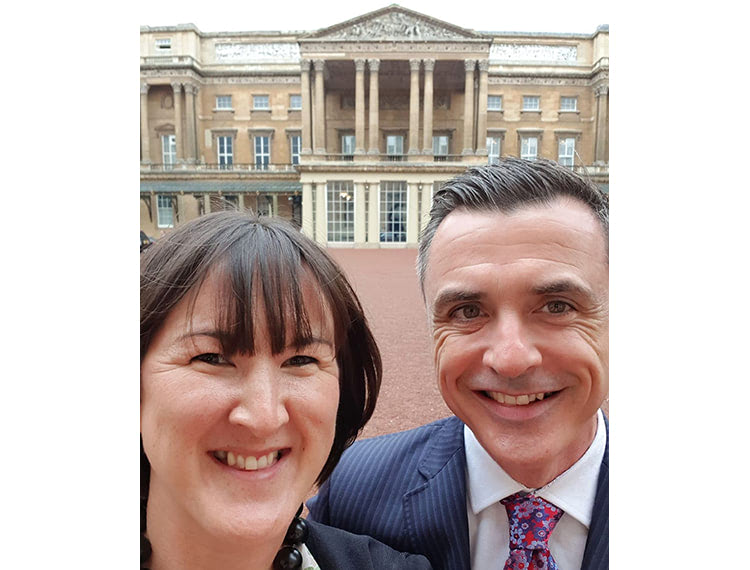 OneFile Co-founders, Susannah Lawson (far left) and Chris Whalley outside Buckingham Palace for the Queen’s Award celebration.