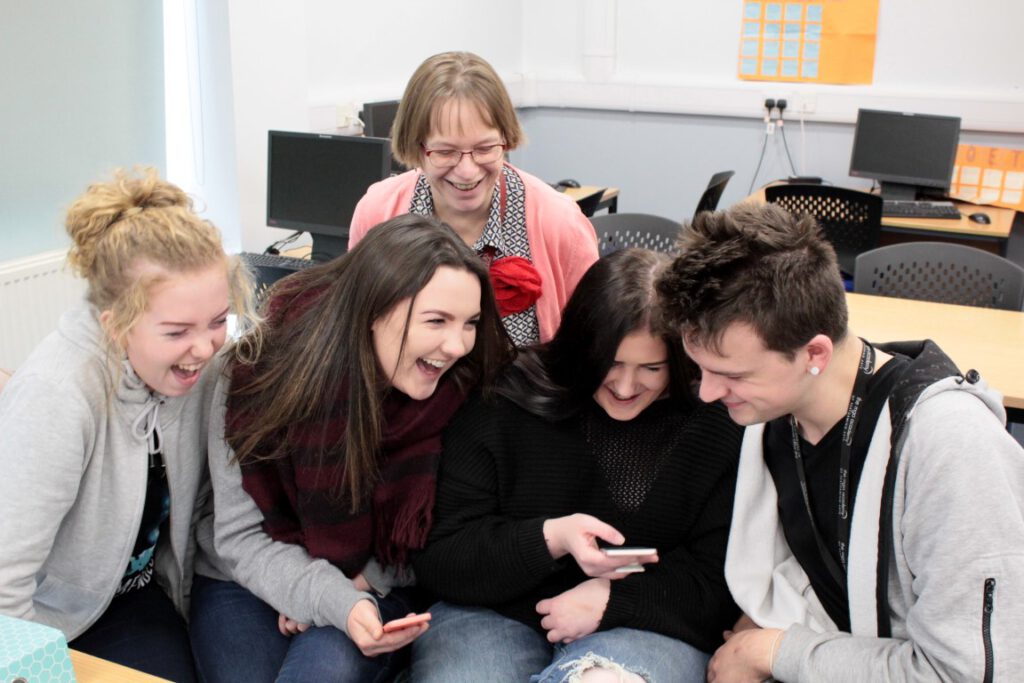 Pictured with Jenny Phipps are (left to right) Care students Elouise Peters, Laura Johnson, Ellie Jeffrey and Alister Borthwick.