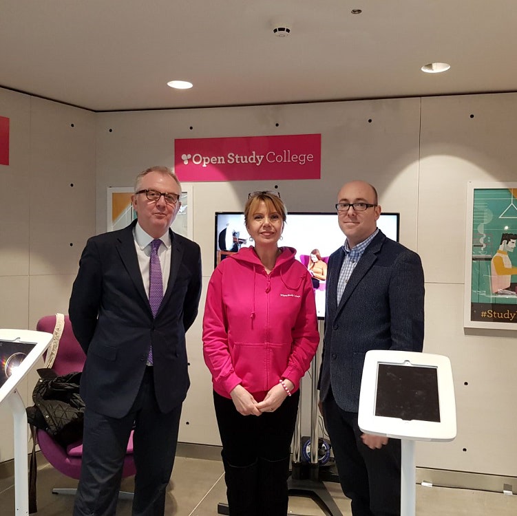Ian Austin, Labour MP for Dudley North, officially opening Open Study College’s Pop-up shop, with Debbie Williams and Steven Nash from Open Study College