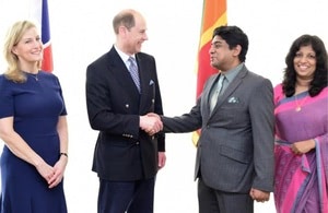 The Earl and Countess of Wessex arrive in Sri Lanka and are welcomed by Sri Lankan State Minister of Foreign Affairs Wasantha Senanayake and Mrs. Senanayake