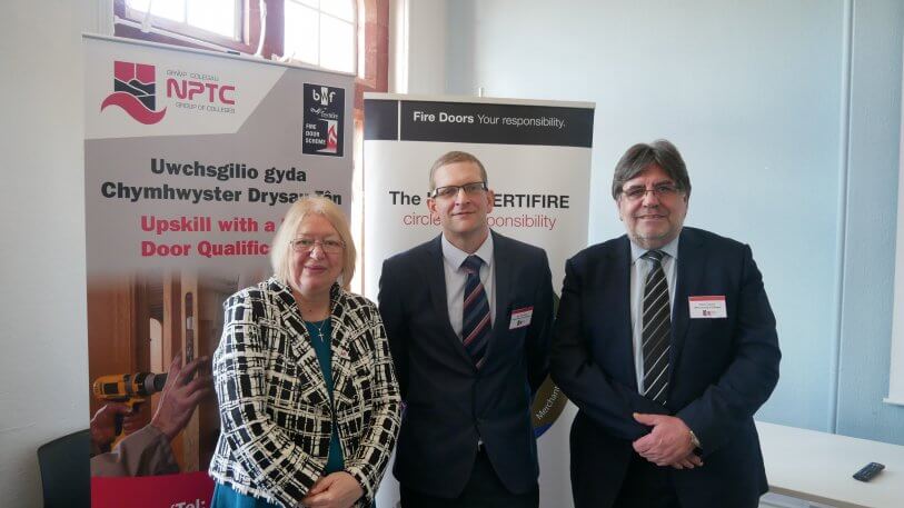 Deputy Presiding Office of the National Assembly for Wales, Ann Jones with Iain McIlwee, CEO of the British Woodworking Federation and Mark Dacey, Principal and Chief Executive of NPTC Group of Colleges.