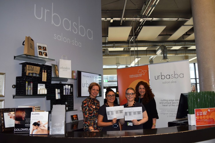 (l-r) Welsh Curriculum Co-ordinator Nicola Buttle, students Teona Bond and Holly Edwards, Deputy Head of Hair and Beauty Rachel Jones