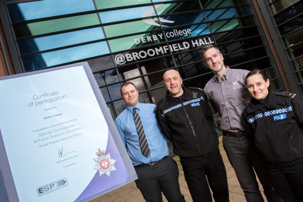 from Left: Derbyshire police Partnership Engagement Co-ordinator Alex Paradise, Superintendent Ady Gascoyne who is the lead for volunteering at Derbyshire police’s Operational Support Department, Derby College Sport and Protective Services Team Manager Nick Ramsden and Derby College Work Experience Officer and Special Constabulary Officer Sarah Smith.