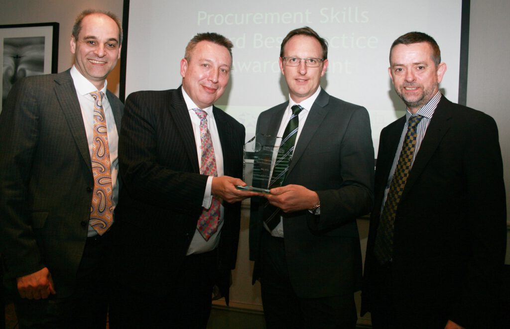 Left to right - guest speakers David Wright (National Grid) and Keith Waller(Infrastructure and Projects Authority) with award winner Robin Denton of Alpha Construction with Nick Ellins, Energy & Utility Skills