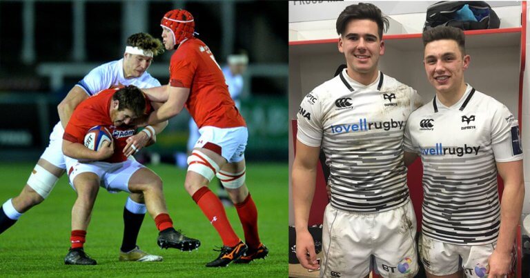 Rhys Henry in action against England in the Six Nations and Tiaan Thomas-Wheeler & Dewi Cross after their Ospreys debut