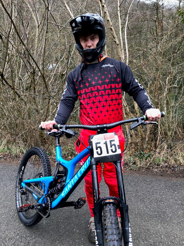 Photo taken in April by Jake’s Mum (Emma Ebdon) at round 1 of the 2018 HSBC UK National Downhill Series in Cwmcarn, Wales.