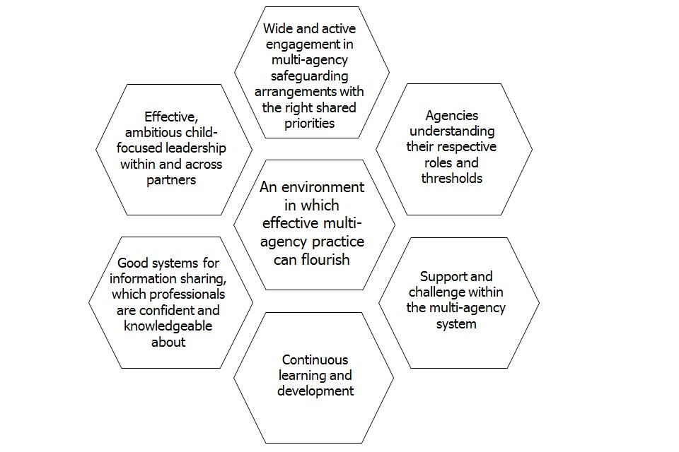 Diagram showing different elements for an environment in which effective multi-agency practice can flourish.