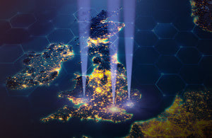 Image of UK map with beams of light coming from Wales, London and Kent
