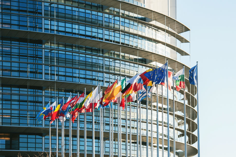 EU Flags in front of the European Parliament.