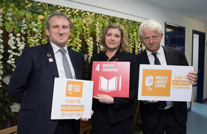 Film director Richard Curtis with International Development Secretary Penny Mordaunt and Education Secretary Damian Hinds at the launch of Connecting Classrooms through Global Learning. Photo: David Owens