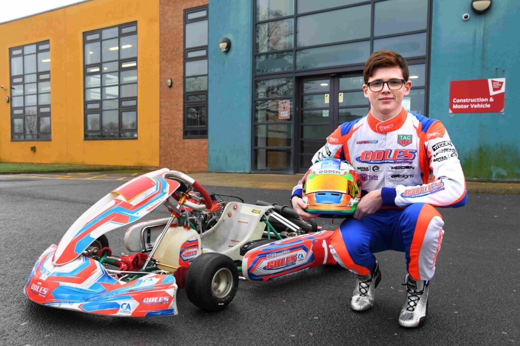 Brazil-bound: British karting champion James Lowther. Pic by Barry Pells. Racing pics courtesy of Kartpix (Chris Walker). James is leading the field in kart number 9.