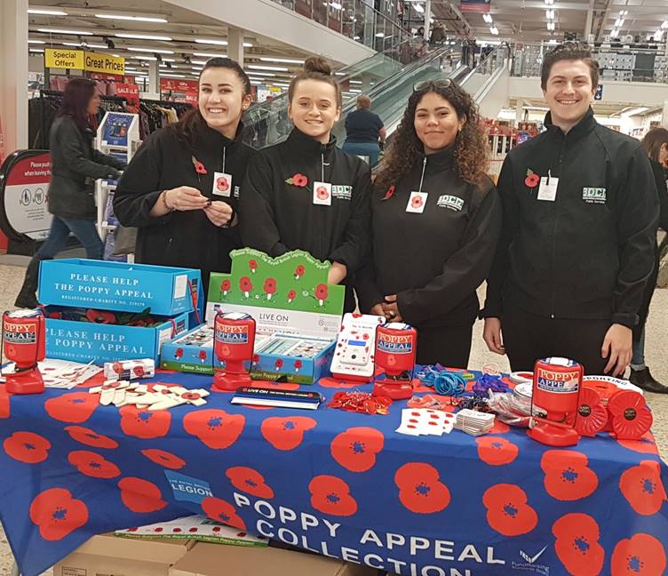 Public Services students helping the Poppy Appeal in Tesco, left to right: Alex Hebben, 17, Jade Attfield, 17 , Micheala Hazell, 17, Kamile Noreikaite, 19