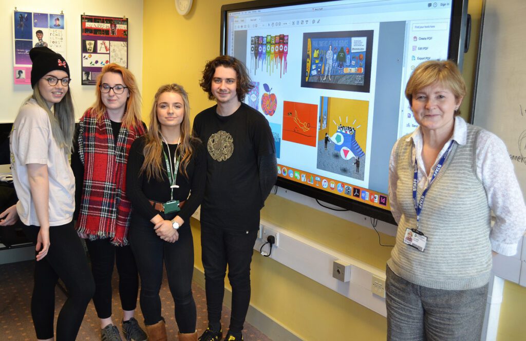 L-R : Aiden Shelley, Isla McIntosh, Natalia Klosowicz and Harry Wootton-Cook with Lecturer Maria Delves.