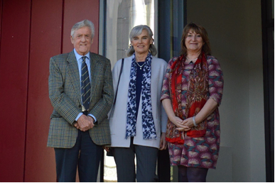 John and Marion Greenwood with Brockenhurst College Principal Di Roberts in front of the College’s STEM Centre