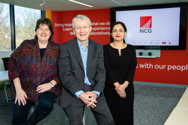 From left, Annette Cast, principal of Southwark, Chris Payne, interim chief executive of NCG and Asfa Sohail, principal of Lewisham College