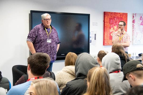 Shaun Doane (L) and Adam Oxley (R) speaking to Barnsley College students