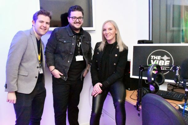 (L-R) The Vibe Radio Managers Aaron Outram and Lee Barber with guest Stephanie Hirst in the station.