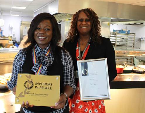 Janet Curtis-Broni, Executive Director - People and Organisational Development and Yvonne Kelly, Principal and CEO celebrate the College getting the Investors in People Gold Standard