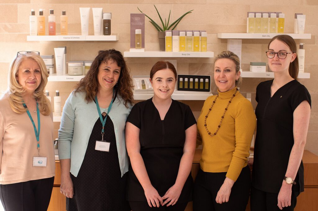 left to right: Karen Baker Polis, Deputy Head of Hair, Beauty & Spa Industries at Bath College, Diana Rowe, Lecturer in Spa & Complementary Therapies, Adele Adams, Spa Therapies student at Bath College, Sharon Rooney, Spa Director at Lucknam Park, Evie Poole, Head Therapist/Trainer at Lucknam Park