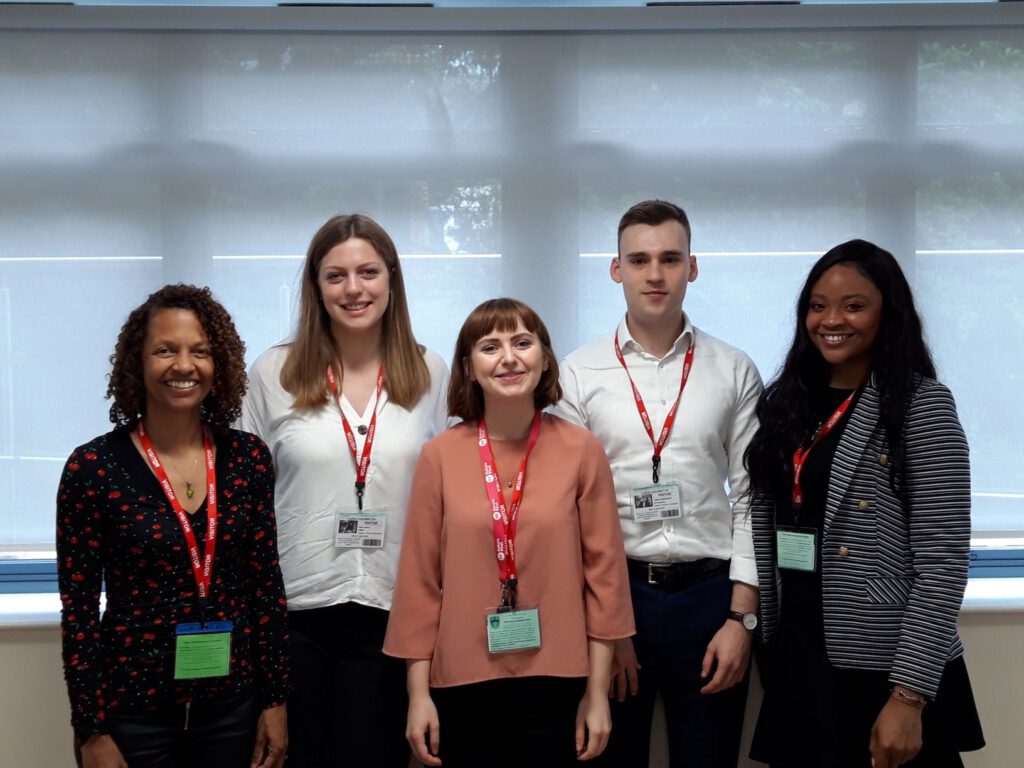 KPMG employees and alumni of Copthall School in Mill Hill, London, Samantha Edwards, (far left) and Damilola Ogundipe (far right) returned to their former school to talk to current students about their career paths. Pictured with KPMG staff Katie Hinton (second left), Jonas Eberhardt (second right) and Lauren Barr, Future First Alumni Programme Officer (centre).