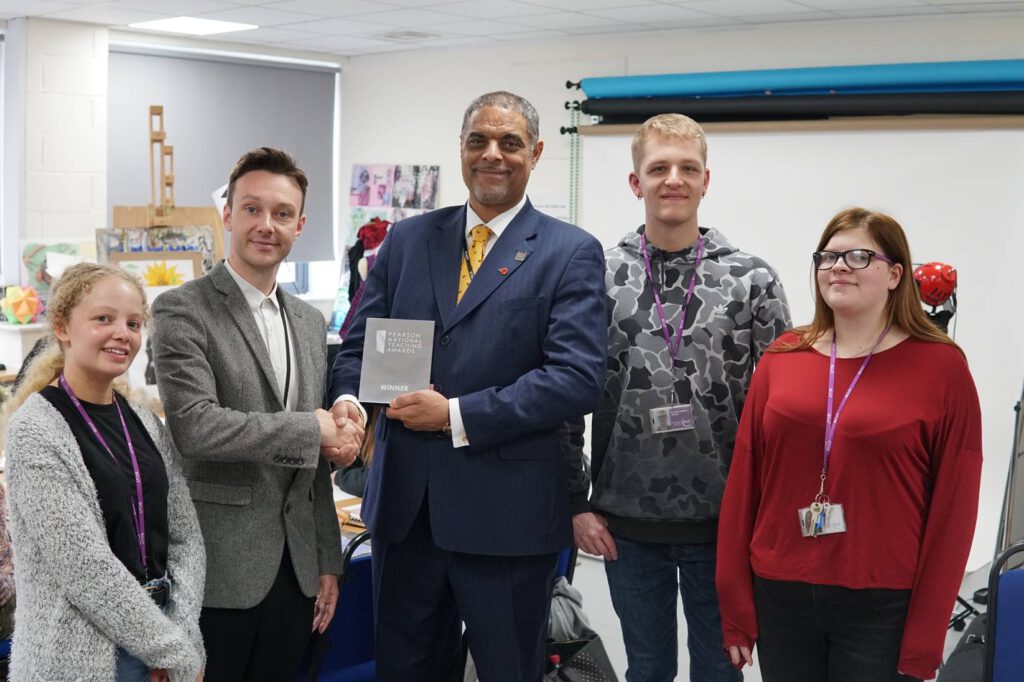 (L to R) BCoT student Jess James, Lecturer Scott Hayden, BCoT Principal Anthony Bravo and students Oliver Cummins and Jazmine Milton.
