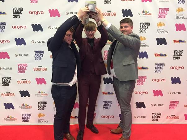 (L-R) Matty Hugill (16), Karl Wellbelove (16) and Kyle Walker (17) raising their prize at the Young ARIAs ceremony.
