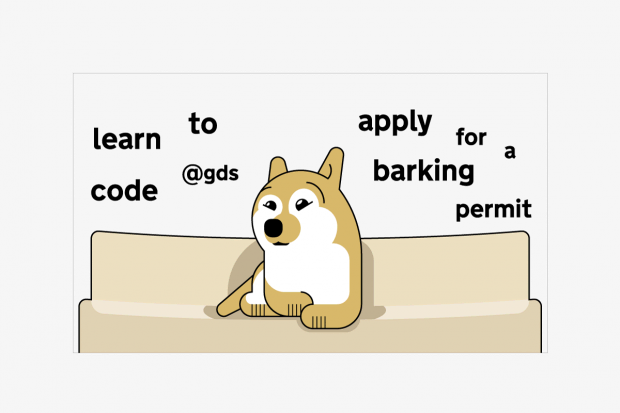 sticker with a cartoon showing a dog sitting on a sofa and 'learn to code @gds, apply for a barking permit' written on it