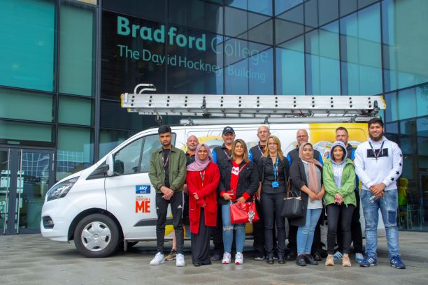 Photo shows Bradford College students an Sky engineers at the end of project event at Bradford College