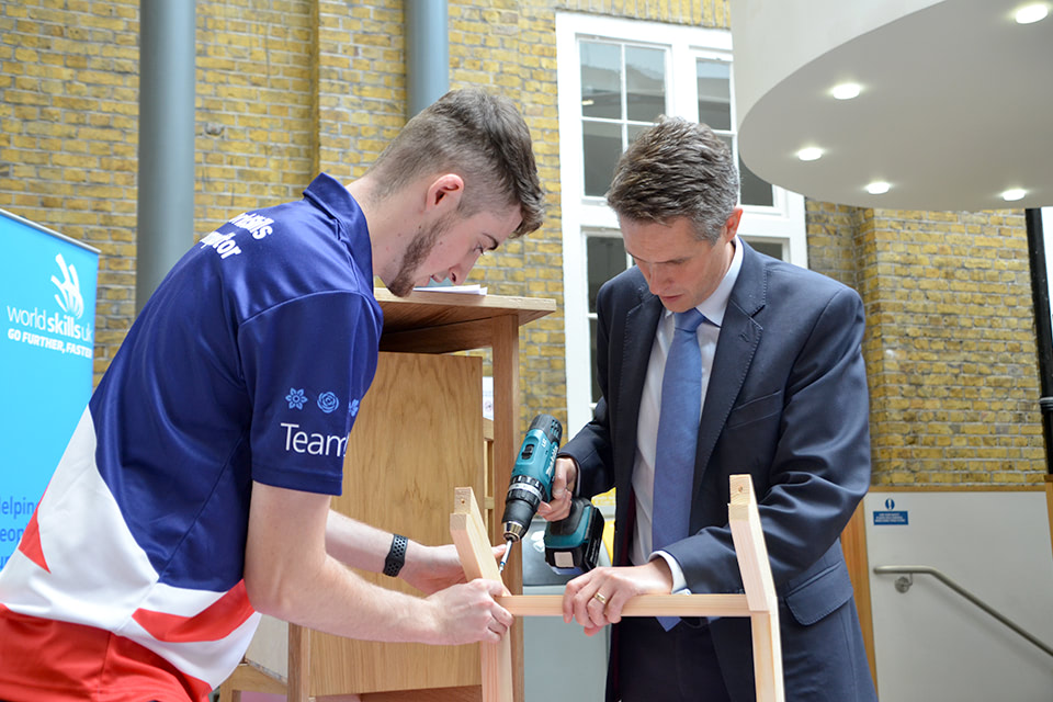 Education Secretary Gavin Williamson with Jack Goodrum, WorldSkills Team UK carpenter
