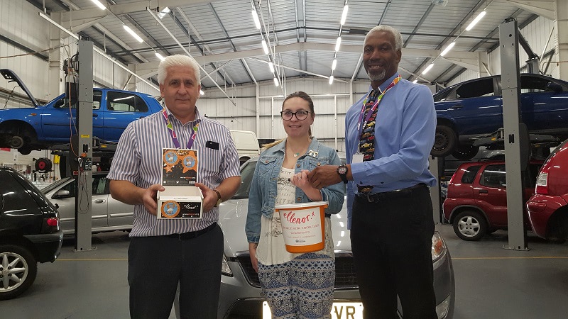 L-R: Andy Stevens; Curriculum Manager Motor Vehicle Technology, Leah Poppy; Area Fundraise Ellenor, Winston Sewell; Lecturer in Motor Vehicle Technology
