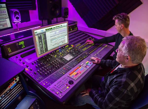 Barnsley College Higher Education mature students Craig O’Connor (top) and Robert Wilson (bottom) in the recording studios at Barnsley College.