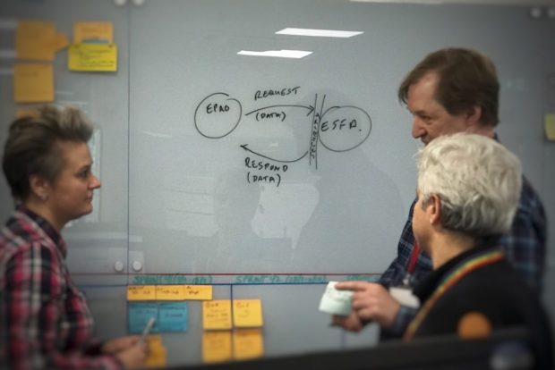 A Product Manager and two of her team discussing the launch of the API in front of a whiteboard