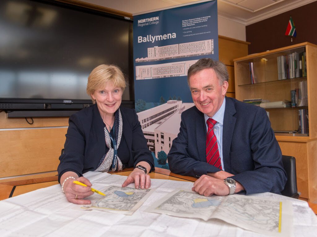 Professor Terri Scott, Principal and Chief Executive of Northern Regional College, and Bob McCann, the newly appointed Chair of the College’s governing body, invite contractors to register interest in tendering for the construction contract to build a new college building in Ballymena.