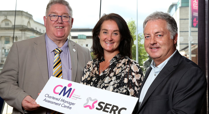 South Eastern Regional College has been awarded Chartered Manager Assessment Centre status by the Chartered Manager Institute (CMI) making the College the first and only education provider to be awarded the status in Northern Ireland. L- R Tom Doran, CMI Chartered Assessor and CMI NI Board Member, with SERC’s Jenny McConnell, Deputy Head of School and James Currie, Head of School.