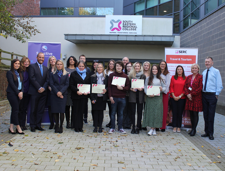 Graduates of the Department for the Economy’s (DfE) Assured Skills Academy Corporate Travel programme which took place at South Eastern Regional College’s (SERC) Lisburn Campus in partnership with Selective Travel Management and Jurys Inns.