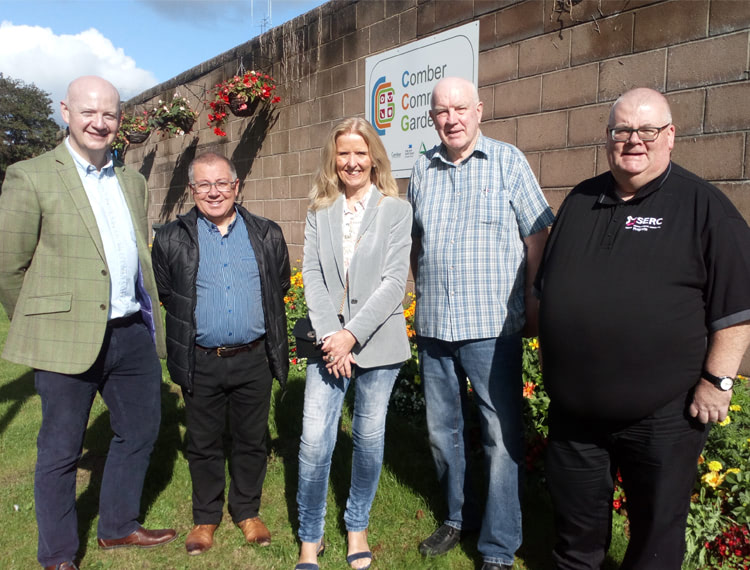 Opening of Comber Community Garden project (L-R), Ards & North Down Borough Council’s Cllr Philip Smith and John McConnell, Parks & Cemeteries, Barbara McNeill, Head of School, Training Organisation, SERC, Roy Murray, Comber Community Garden Chairman/Manager and Seamus Braniff, SERC Technical Support Officer.