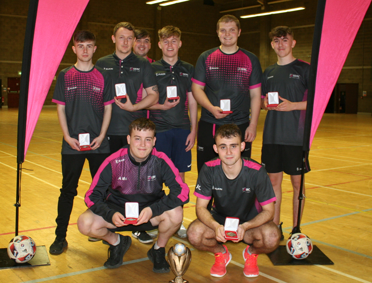 Level 3 Sports students, Team Lisburn 2A, are crowned overall winners of South Eastern Regional College’s Inter-Campus Futsal Tournament 2019. Back row (L-R) Ciaran McCutcheon, Jamie Foster, Curtis Dunlop, Matty Strain, Paddy Bustard and Jack Reid. Front row (L-R) Ali McMullan, Jake Corbett.