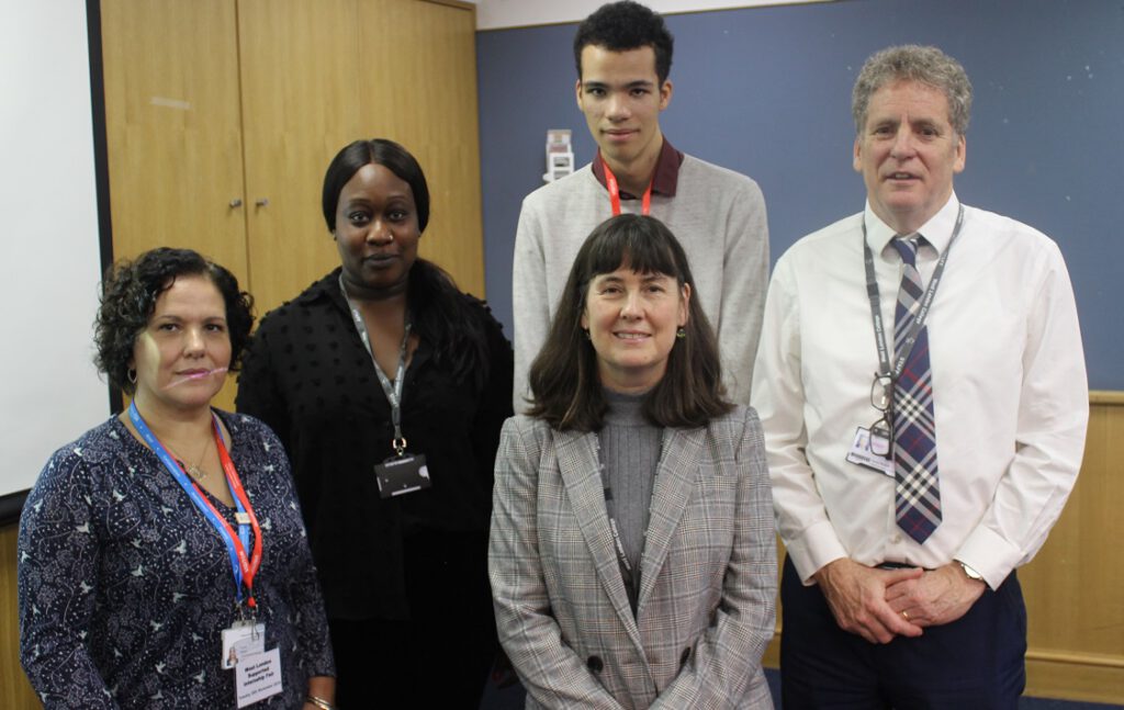 Karen Redhead OBE pictured with L – R Camila Mujica-Braesyde Project Manager for Employability in North West London at the Imperial College Healthcare NHS Trust, Oyinda Malafa (tutor), Alastair Nelson (former supported intern now in permanent paid employment), Charles Nelson Assistant Principal – Southall.