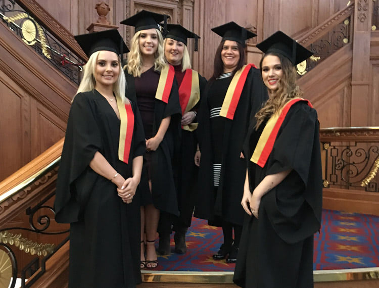 (L – R): Amber Scott, Lauren Wilson, Ruth Hawthorne, Gwendolyn Stone and Hannah Lavery. Amber, Lauren and Hannah achieved their Diploma through the Higher-Level Apprenticeship route, working full time as they studied.