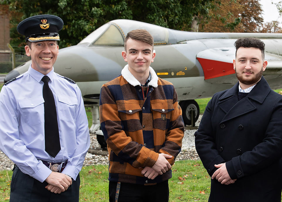 Group Captain Darren Thorley with James Shelford (middle) and Samuel Frankl at RAF Henlow.