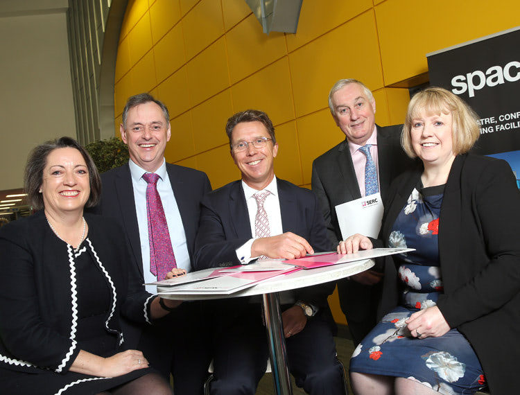 Pictured above (l-r) Frances Hill, Bank of England Agent for Northern Ireland, William Greer, Head of Contracts, SERC, Michael Saunders, a Member of the Bank of England's Monetary Policy Committee, Ken Webb, Principal and Chief Executive, SERC and Gillian Anderson, Bank of England Deputy Agent for Northern Ireland.