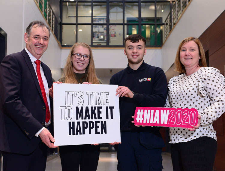 NIAW SERC - South Eastern Regional College invite young people and employers to check out what’s on offer at the College including ‘have a go’ sessions during the Department for the Economy’s inaugural NI Apprenticeship Week 2020 (NIAW2020) designed to showcase and celebrate apprenticeship programmes from 3 – 7 February 2020. (l – r) SERC’s William Greer, Chief Training and Contracts Officer, Hannah Dunwoody, Higher Level Apprentice, Mechatronics with Lowden Guitars, Ross Green, Level 2 Heavy Plant Apprentice with Heyn Forklift Solutions and Victoria Boyd, SERCs Training Programme Manager