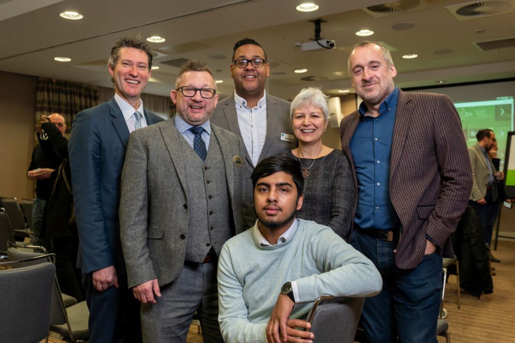 from left: Paul Stephen; Cllr Brayshaw; Lloyd Johnson, chairman of Newham Chamber of Commerce; Julia Bollam, Director of Apprenticeships at Newham College; Carlos Cubillo-Barsi; and front, Farhan Hussain, a sales executive level 4 apprentice with Digital Skills Solutions.